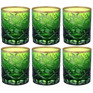 A set of Rose Gold Green crystal glasses for 6 people